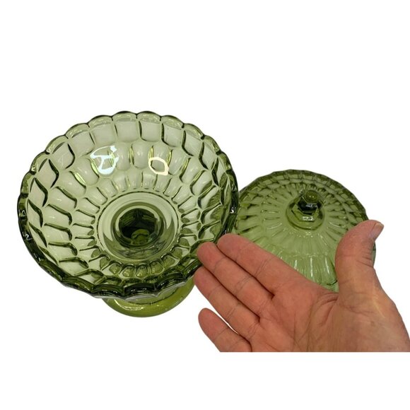 Rare Large Vintage 60s Green Fenton Glass Dish Pedestal Facet Covered 6975 - Picture 4 of 13